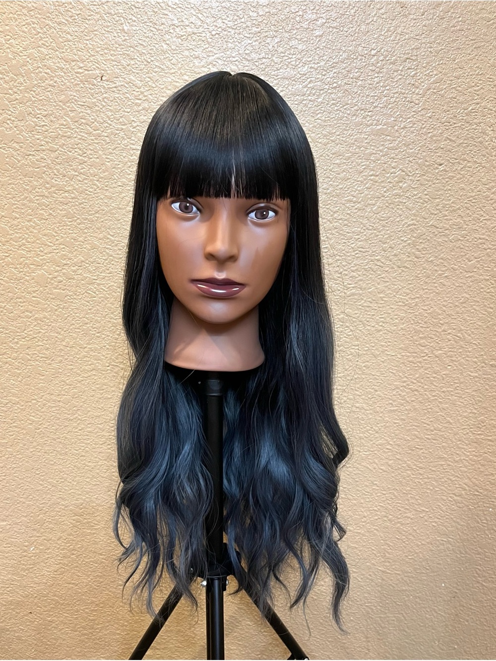 Long Black to Blue Ombre Wavy Synthetic Wig with Full Bangs | 24–26”